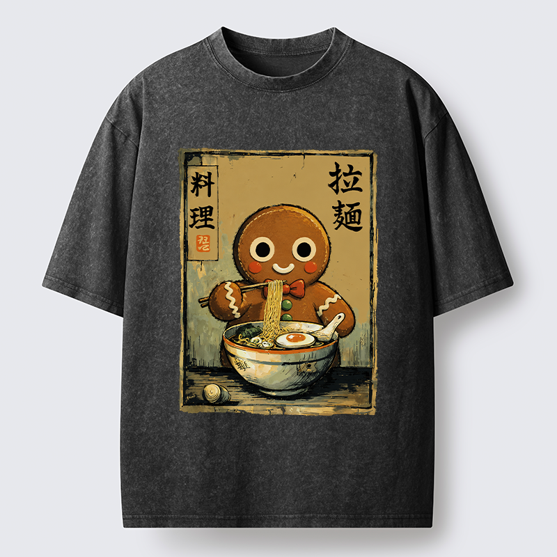 Tokyo-Tiger Funny Gingerbread Eating Ramen Washed T-Shirt