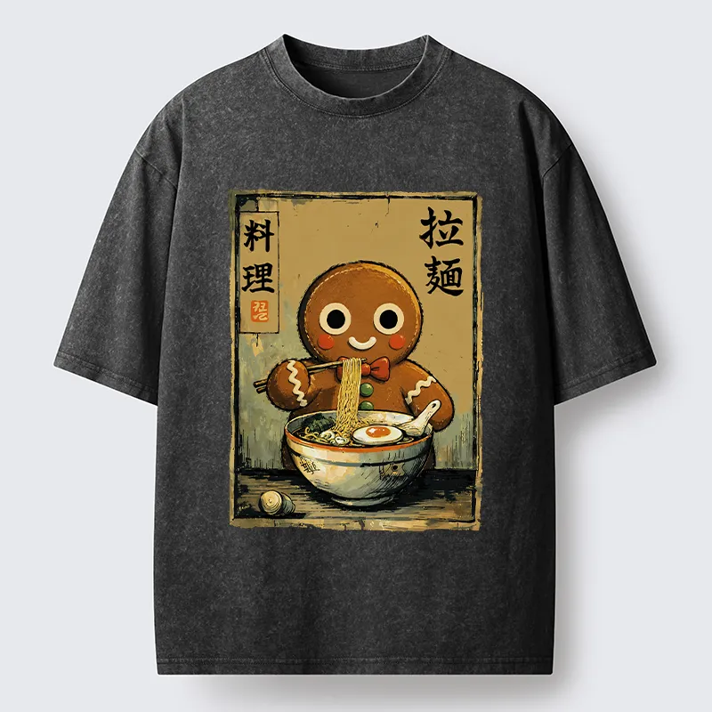 Tokyo-Tiger Funny Gingerbread Eating Ramen Washed T-Shirt