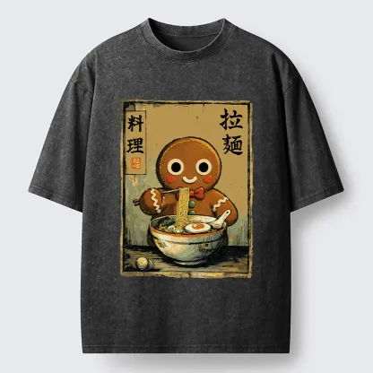 Tokyo-Tiger Funny Gingerbread Eating Ramen Washed T-Shirt