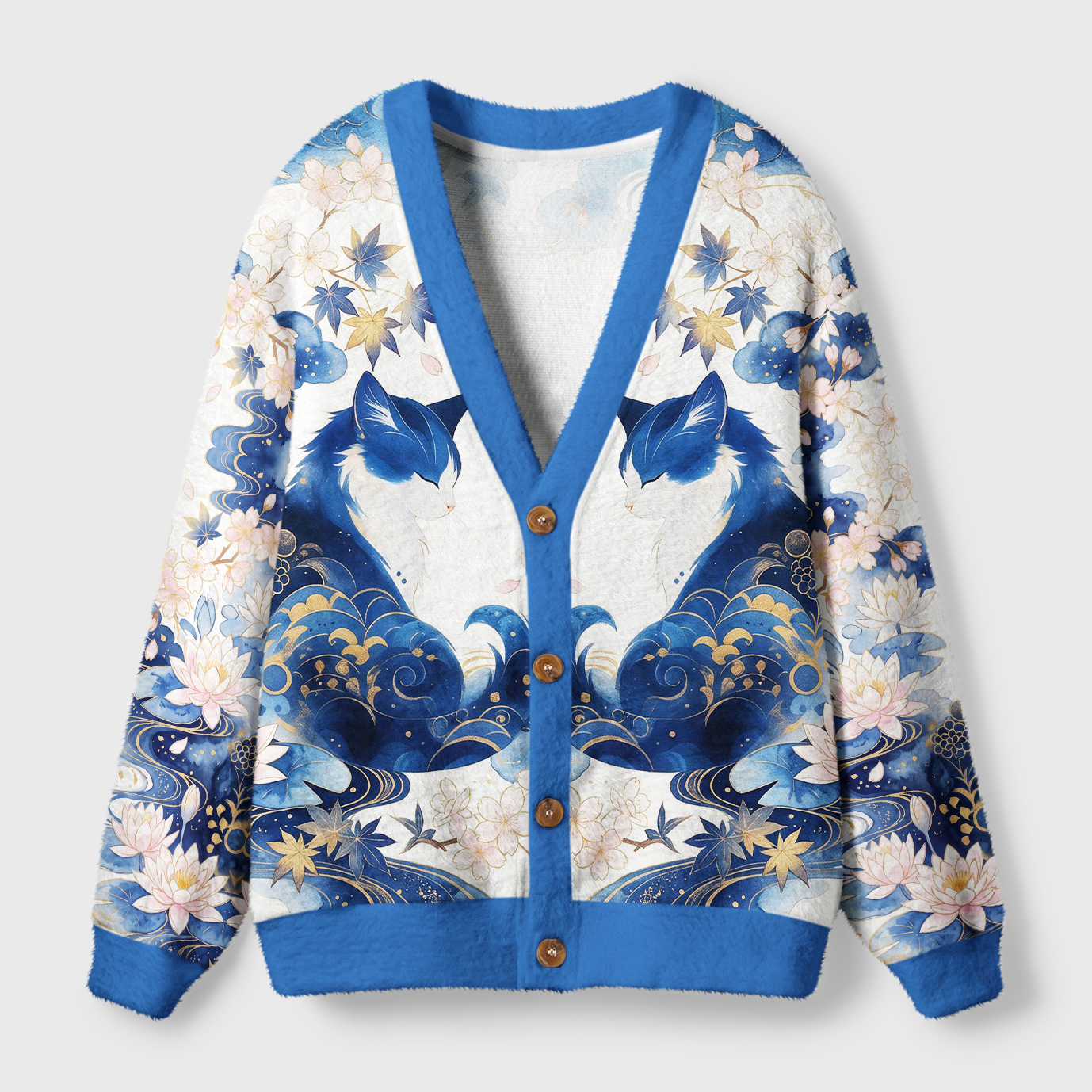 Tokyo-Tiger Retro Zen Cat: Living the Present Ugly Cardigan Sweater