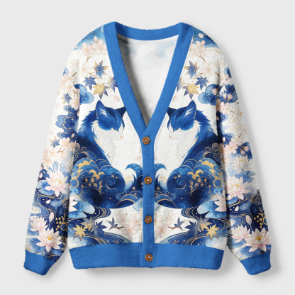 Tokyo-Tiger Retro Zen Cat: Living the Present Ugly Cardigan Sweater