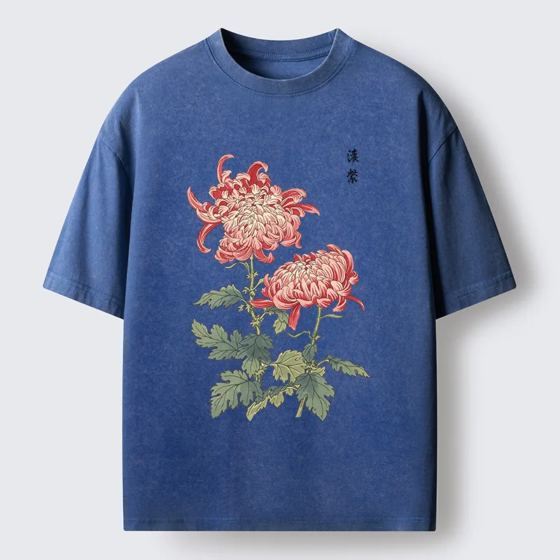 Tokyo-Tiger Vintage Red Chrysanthemum Flower Washed T-Shirt