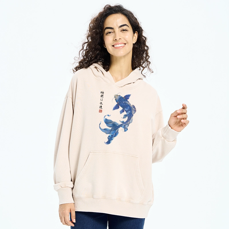 Tokyo-Tiger Lucky Blue Koi Fish Art Washed Hoodie