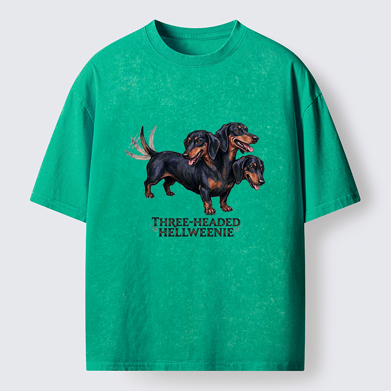 Tokyo-Tiger Three-headed Hellweenie Dachshund Dog Washed T-Shirt