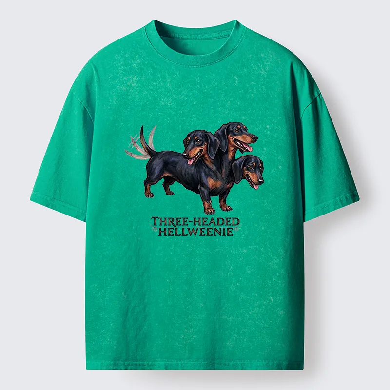 Tokyo-Tiger Three-headed Hellweenie Dachshund Dog Washed T-Shirt
