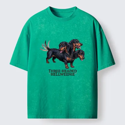 Tokyo-Tiger Three-headed Hellweenie Dachshund Dog Washed T-Shirt
