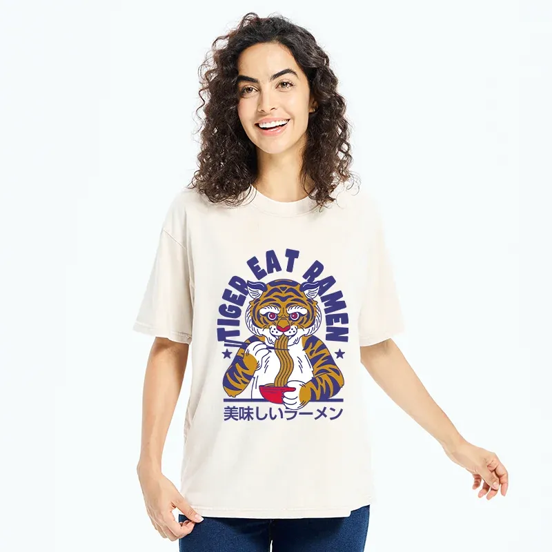 Tokyo-Tiger Funny Tiger Eating Ramen Washed T-Shirt