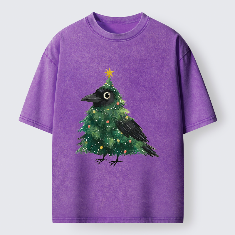 Tokyo-Tiger Cute Christmas Tree Crow Washed T-Shirt