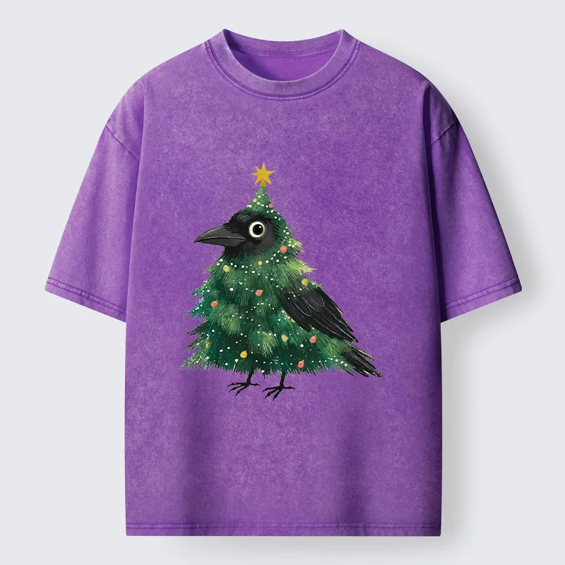 Tokyo-Tiger Cute Christmas Tree Crow Washed T-Shirt