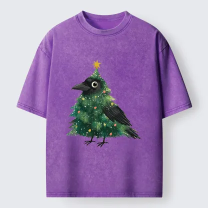 Tokyo-Tiger Cute Christmas Tree Crow Washed T-Shirt