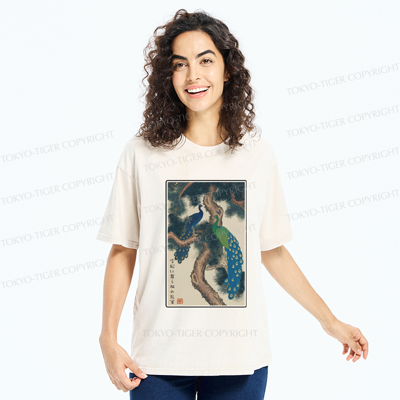 Tokyo-Tiger Peacocks in Snowy Pines Washed T-Shirt