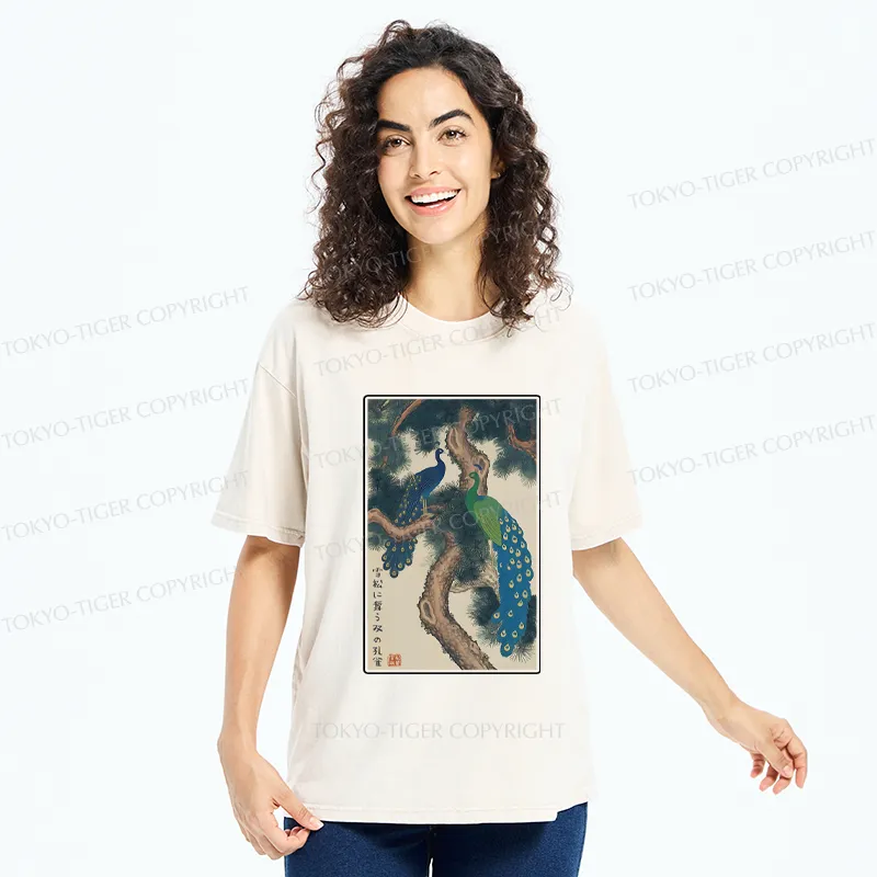 Tokyo-Tiger Peacocks in Snowy Pines Washed T-Shirt
