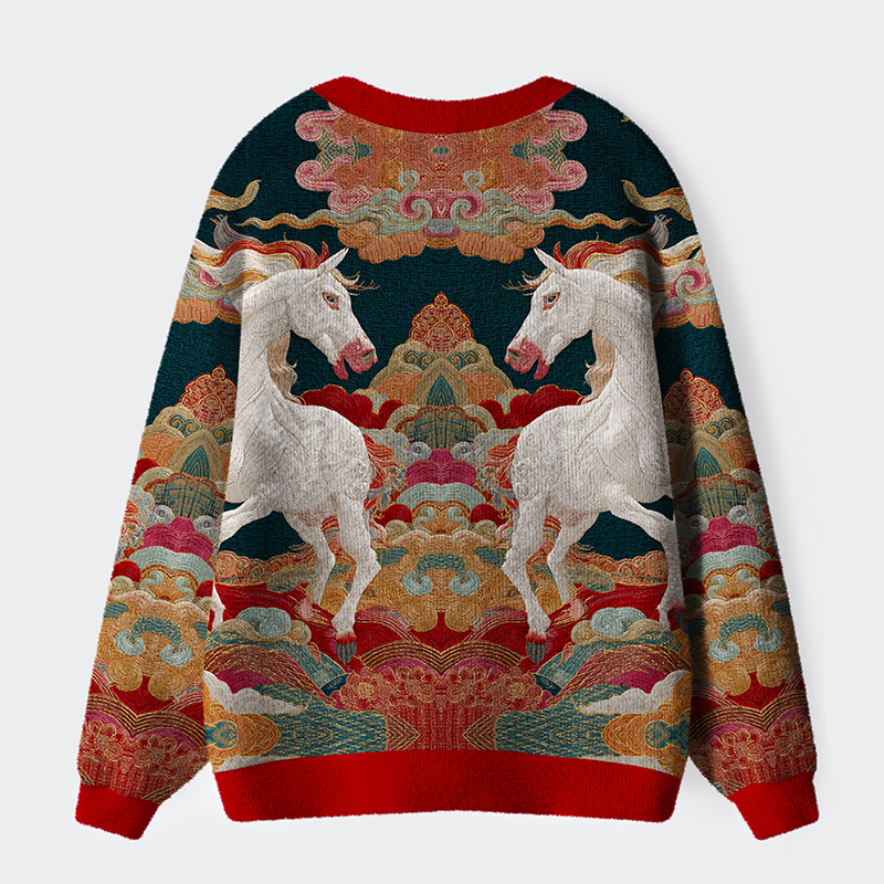 Tokyo-Tiger Celestial Steeds In Auspicious Clouds Ugly Cardigan Sweater