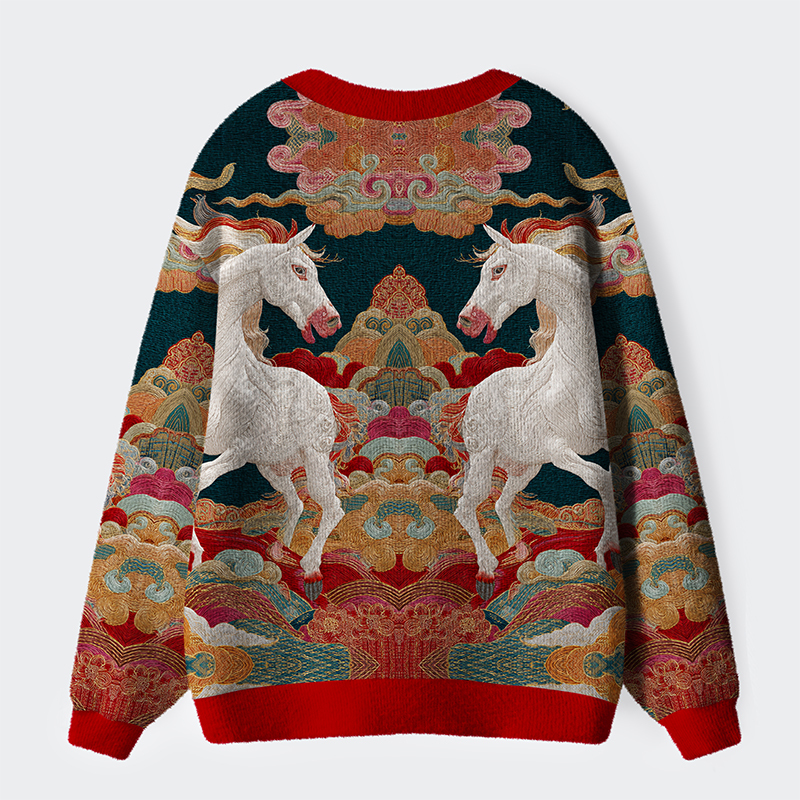Tokyo-Tiger Celestial Steeds In Auspicious Clouds Ugly Cardigan Sweater