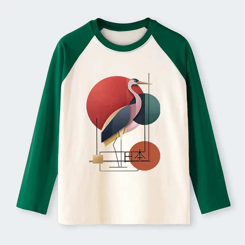 Tokyo-Tiger Geometric Crane Art Raglan Long Sleeve T-shirt