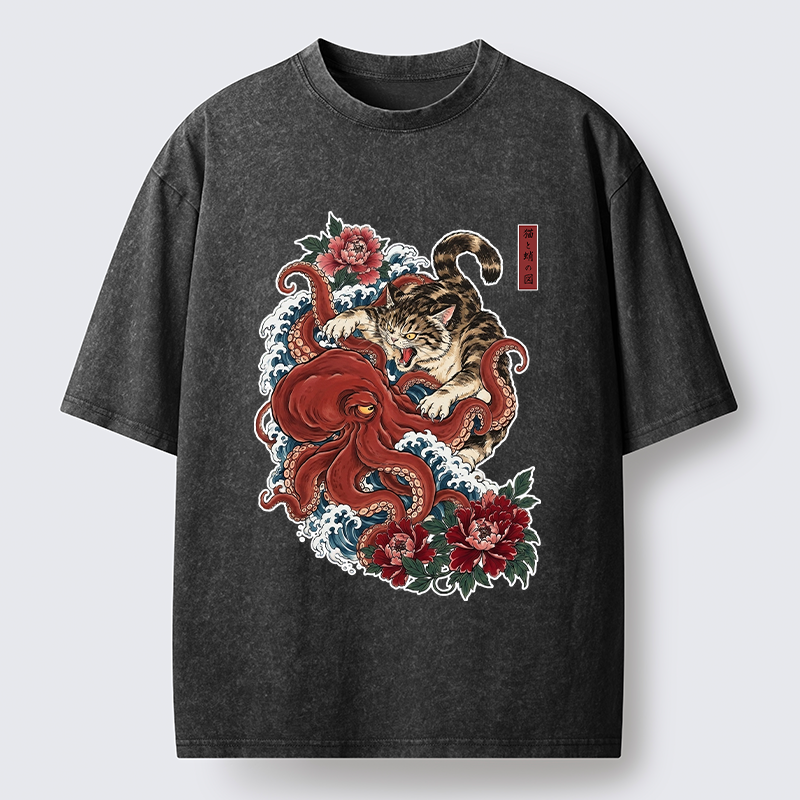 Tokyo-Tiger Ukiyo Style Cat Fighting Octopus Washed T-Shirt