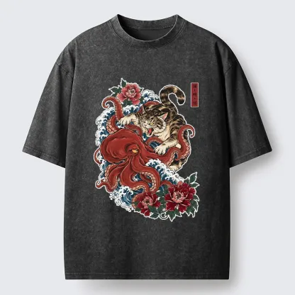 Tokyo-Tiger Ukiyo Style Cat Fighting Octopus Washed T-Shirt
