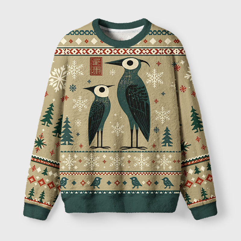 Tokyo-Tiger Funny Crane’s Christmas Eve Fuzzy Christmas Ugly Sweatshirt