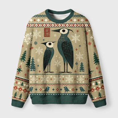 Tokyo-Tiger Funny Crane’s Christmas Eve Fuzzy Christmas Ugly Sweatshirt