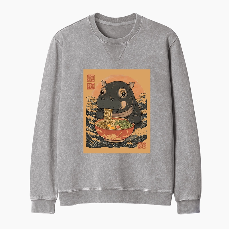 Tokyo-Tiger Up Moo Deng Eat Ramen Washed Terry Sweatshirt
