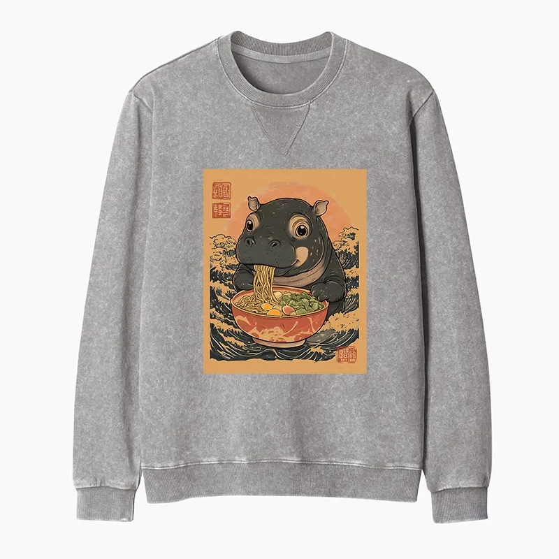 Tokyo-Tiger Up Moo Deng Eat Ramen Washed Terry Sweatshirt