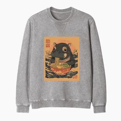 Tokyo-Tiger Up Moo Deng Eat Ramen Washed Terry Sweatshirt