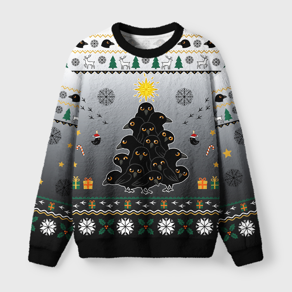 Tokyo-Tiger Crow Christmas Tree Two Fuzzy Christmas Ugly Sweatshirt