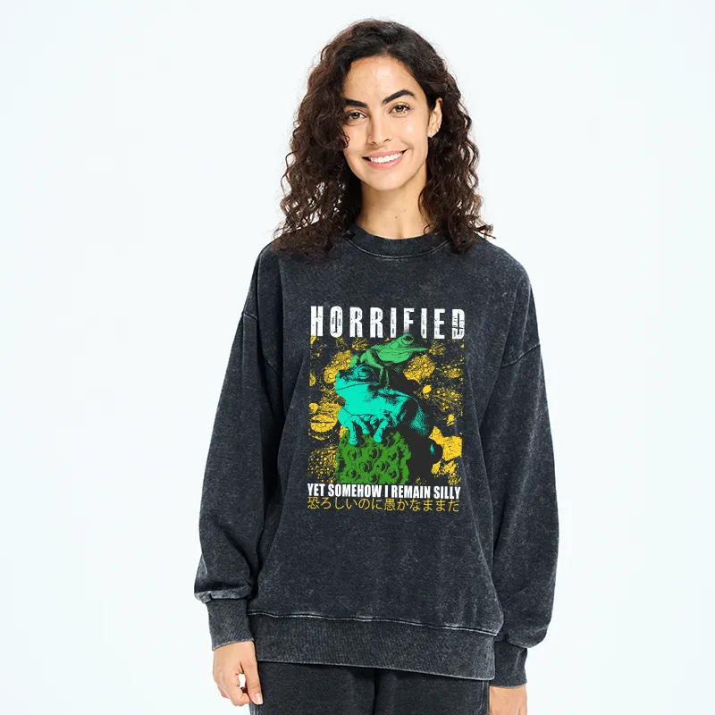Tokyo-Tiger Horrified Two Frogs Funny Washed Sweatshirt
