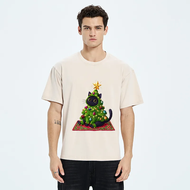 Tokyo-Tiger Cute Christmas Tree Cat Washed T-Shirt