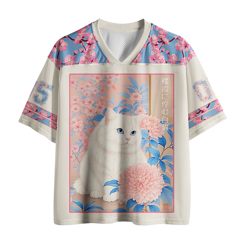 Tokyo-Tiger White Cat Pink Blossom Soft Art Mesh Jersey