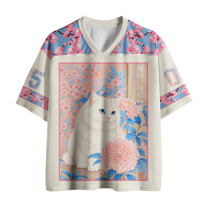Tokyo-Tiger White Cat Pink Blossom Soft Art Mesh Jersey