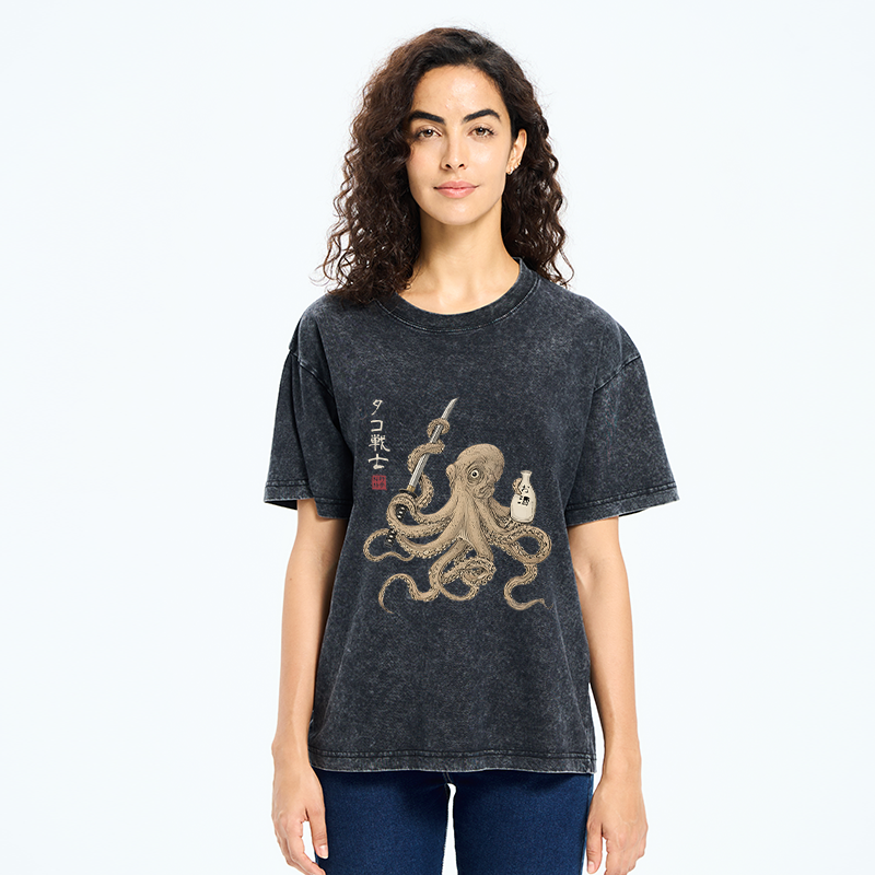 Tokyo-Tiger Octopus Samurai And Sake Washed T-Shirt