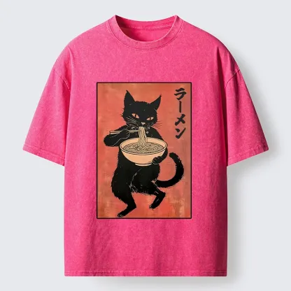 Tokyo‑Tiger Retro Cat Ramen Washed T‑Shirt