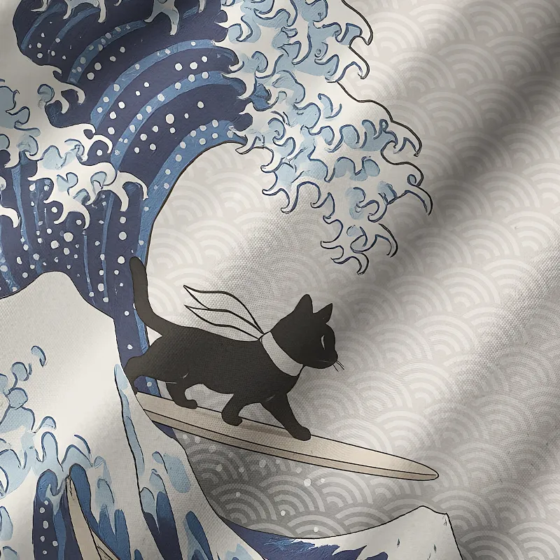 Tokyo-Tiger Black Cat Surfing Cuban Collar Shirt