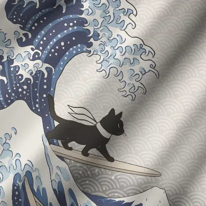 Tokyo-Tiger Black Cat Surfing Cuban Collar Shirt