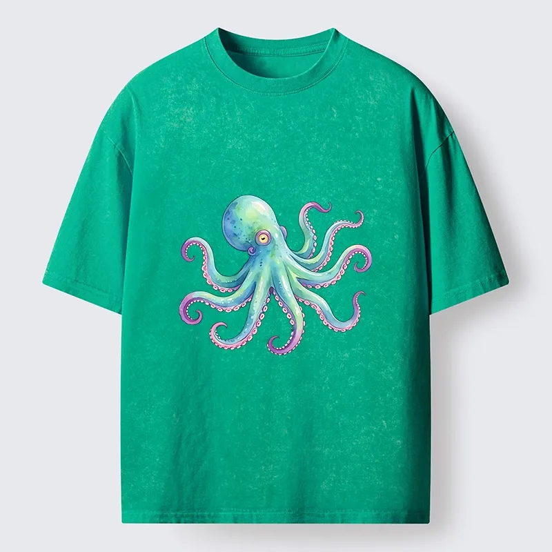 Tokyo‑Tiger Watercolor Octopus Washed T‑Shirt