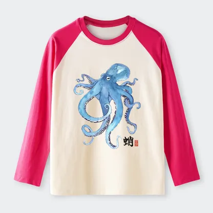 Tokyo-Tiger Watercolor Blue Octopus Raglan Long Sleeve T-shirt