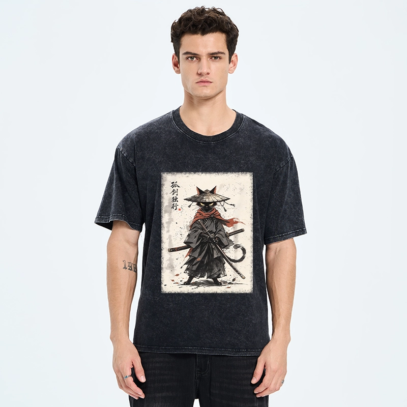 Tokyo-Tiger Lone Samurai Cat Ink Art Washed T-Shirt