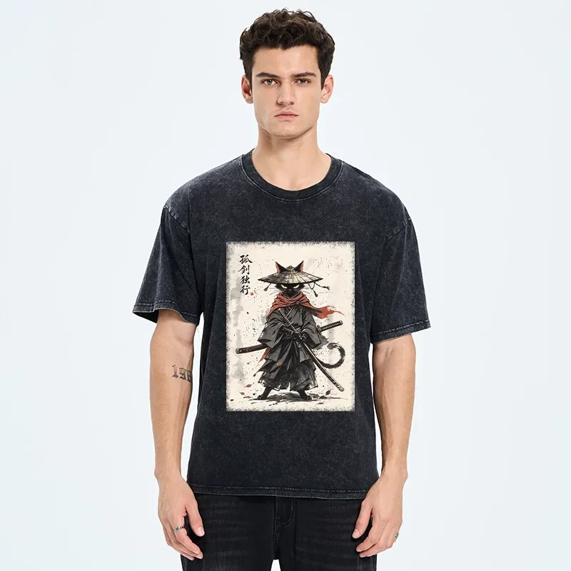 Tokyo-Tiger Lone Samurai Cat Ink Art Washed T-Shirt
