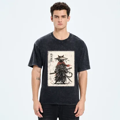 Tokyo-Tiger Lone Samurai Cat Ink Art Washed T-Shirt