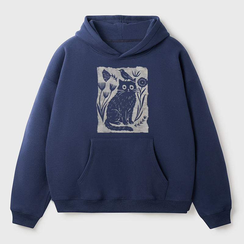 Tokyo-Tiger Folk Paper Cut Cat Bird Floral Art Adult Fleece Hoodie
