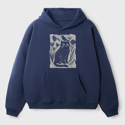 Tokyo-Tiger Folk Paper Cut Cat Bird Floral Art Adult Fleece Hoodie