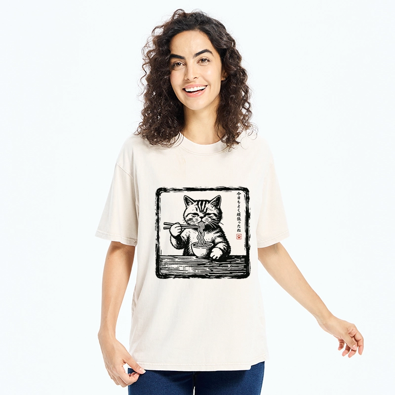 Tokyo‑Tiger Ramen Eating Cat Washed T‑Shirt