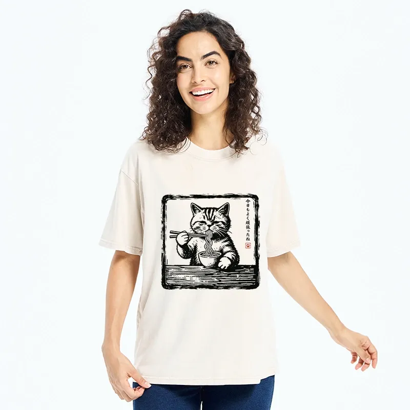 Tokyo‑Tiger Ramen Eating Cat Washed T‑Shirt