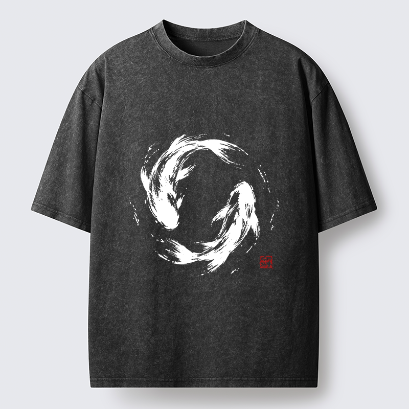 Tokyo-Tiger Ink Koi Fish Circle Washed T-Shirt