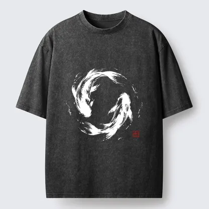Tokyo-Tiger Ink Koi Fish Circle Washed T-Shirt
