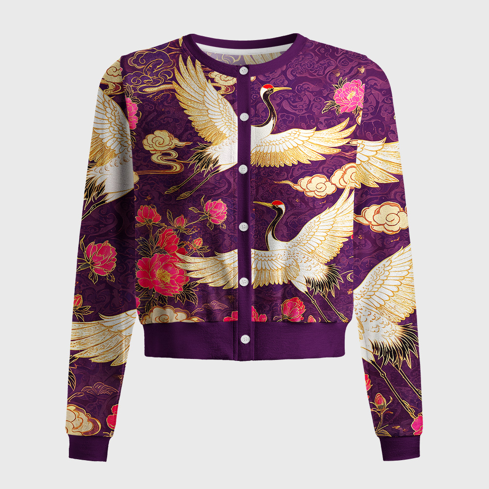 Tokyo-Tiger Purple Mist Flower Crane Women's Lightweight Cardigan