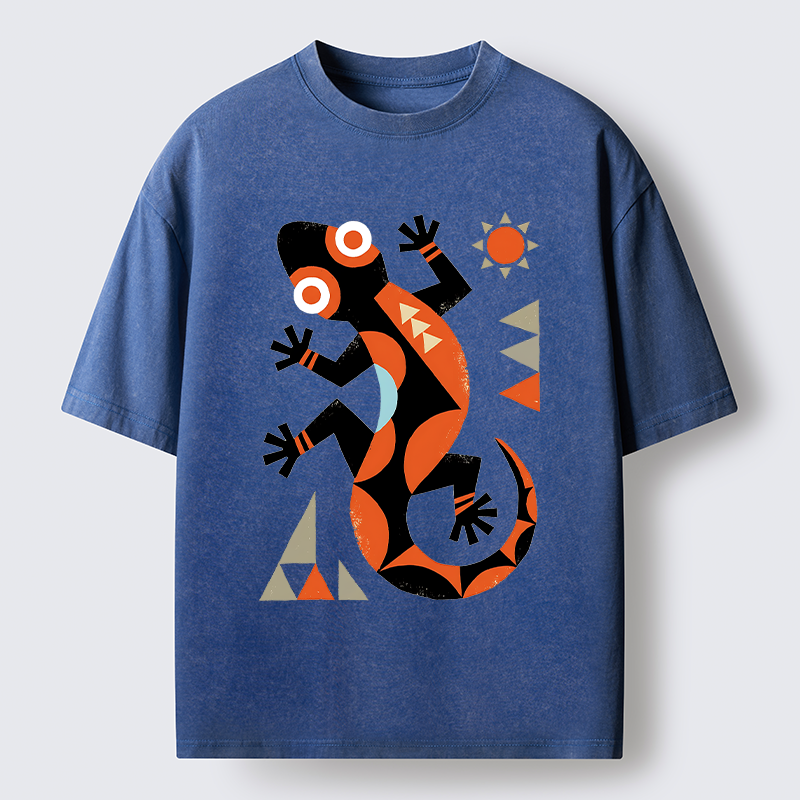 Tokyo-Tiger Abstract Geometric Gecko Washed T-Shirt