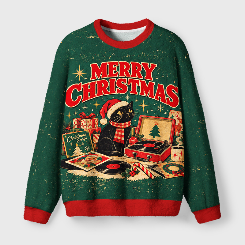 Tokyo-Tiger Christmas Retro Music Black Cat Fuzzy Christmas Ugly Sweatshirt