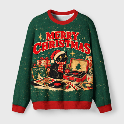 Tokyo-Tiger Christmas Retro Music Black Cat Fuzzy Christmas Ugly Sweatshirt
